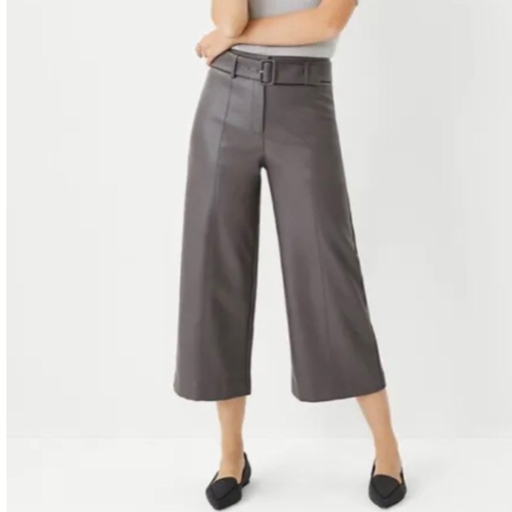 Ann Taylor Faux Vegan Leather Culottes Pants Belted Gray 2